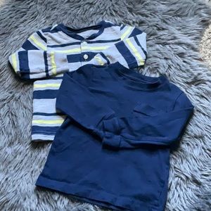 Carter’s 2 long sleeve tee shirts. Blue & blue with gray and yellow strips. 12m
